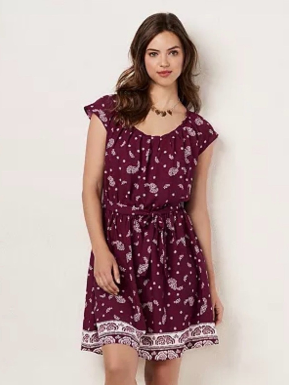 LC Lauren Conrad Burgundy Paisley Tie-Waist Dress